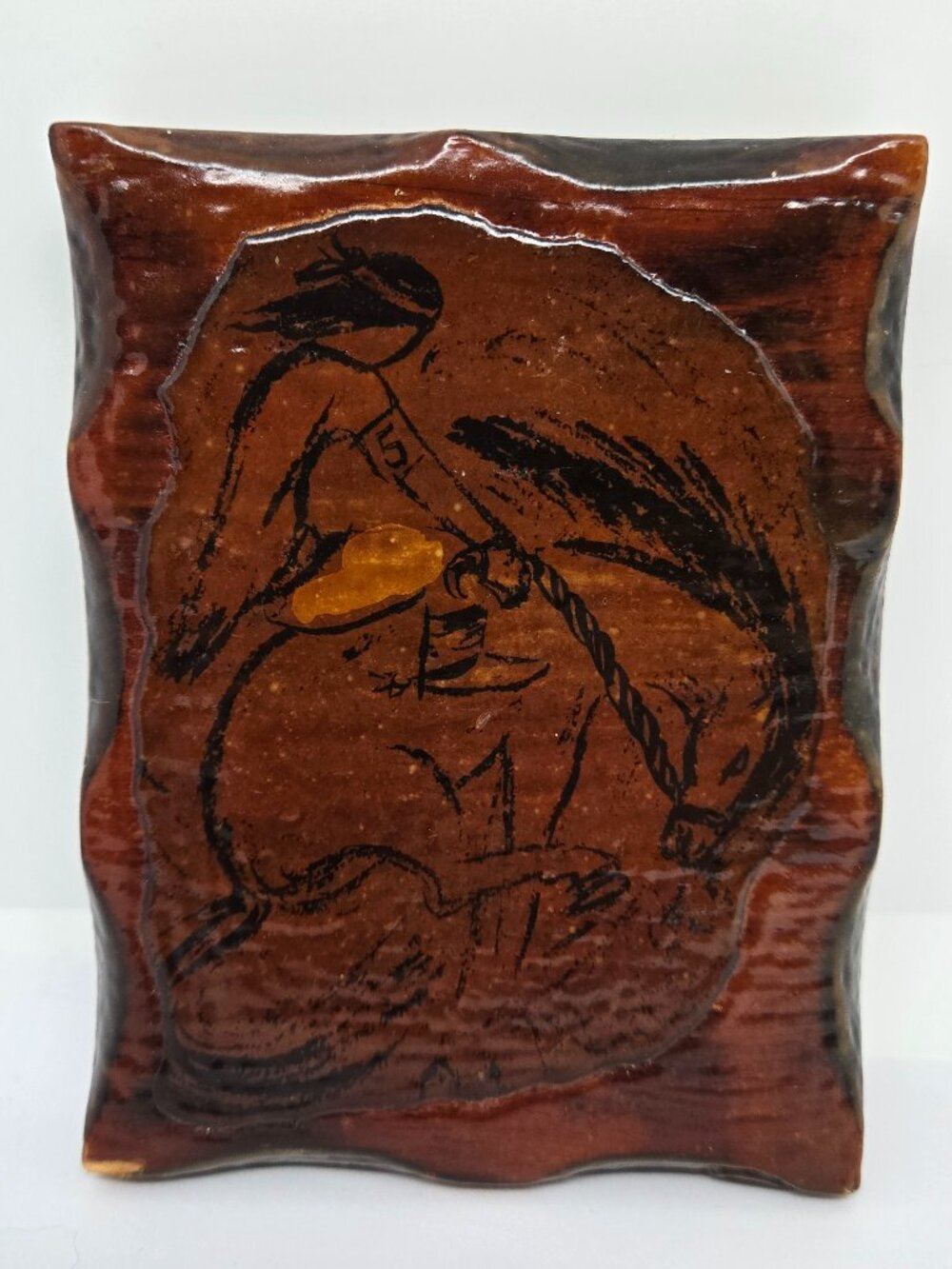 Vintage Wooden Wall Hanging, Man on Horse, Mustang, 4.25" x 5.5"